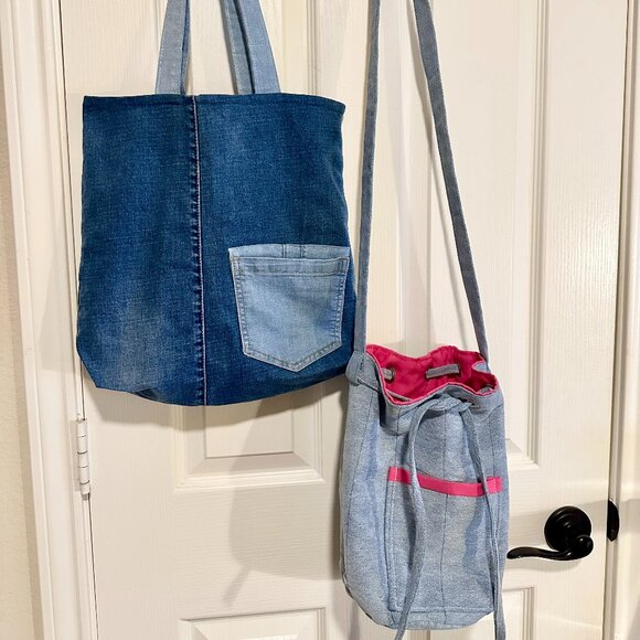 BUNDLE (2) New Hand Made Blue Jean Casual Everyday Shoulder Bag Handbag Boho - Picture 9 of 16